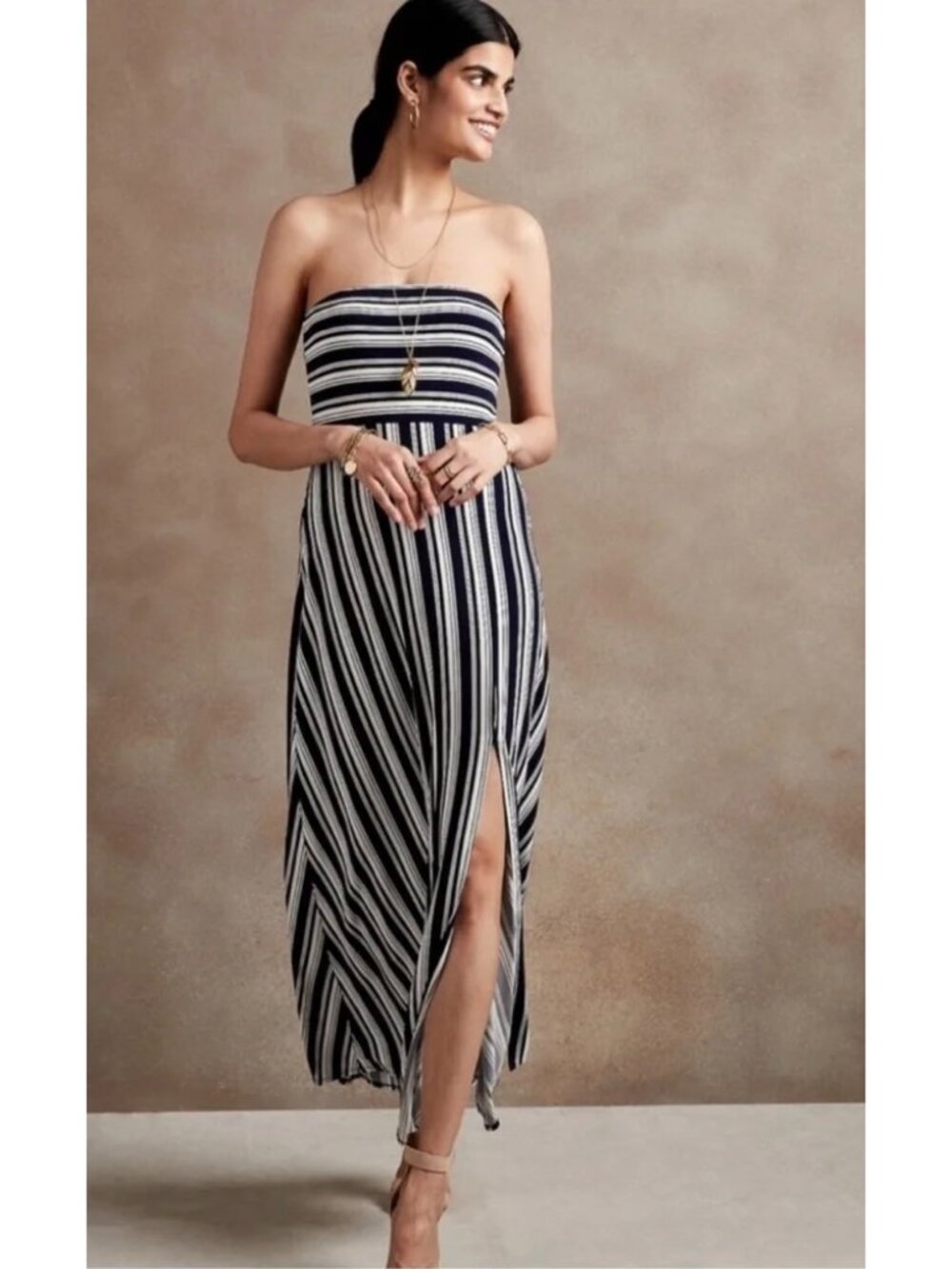 NWT Banana Republic Navy Striped Strapless Maxi Dress